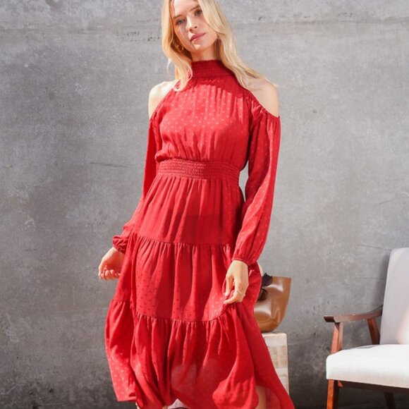 LUMIERE Red Cold Shoulder Tiered Midi Dress Long Sleeve Smocked Waist Boutique - Picture 5 of 6